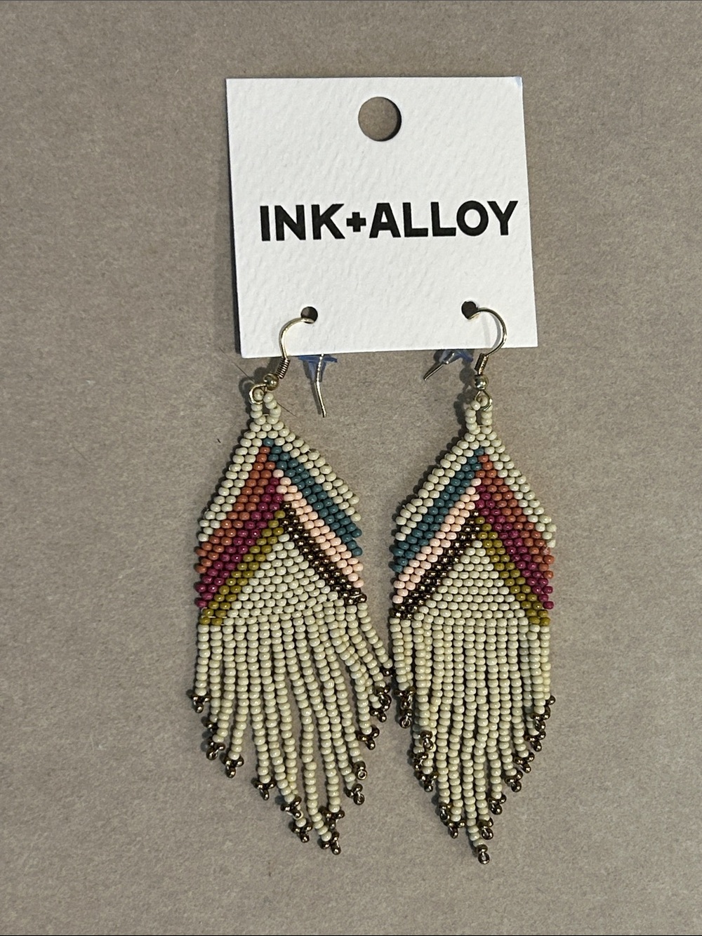 Ink+Alloy Cream Multicolor Beaded Fringe Earrings with Pink & Teal Accents